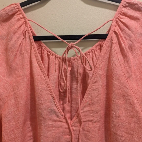 J Crew V-back Linen Top Blouse Pink Puff Short Sleeves Back Tie Button Front- 14 - Picture 6 of 12
